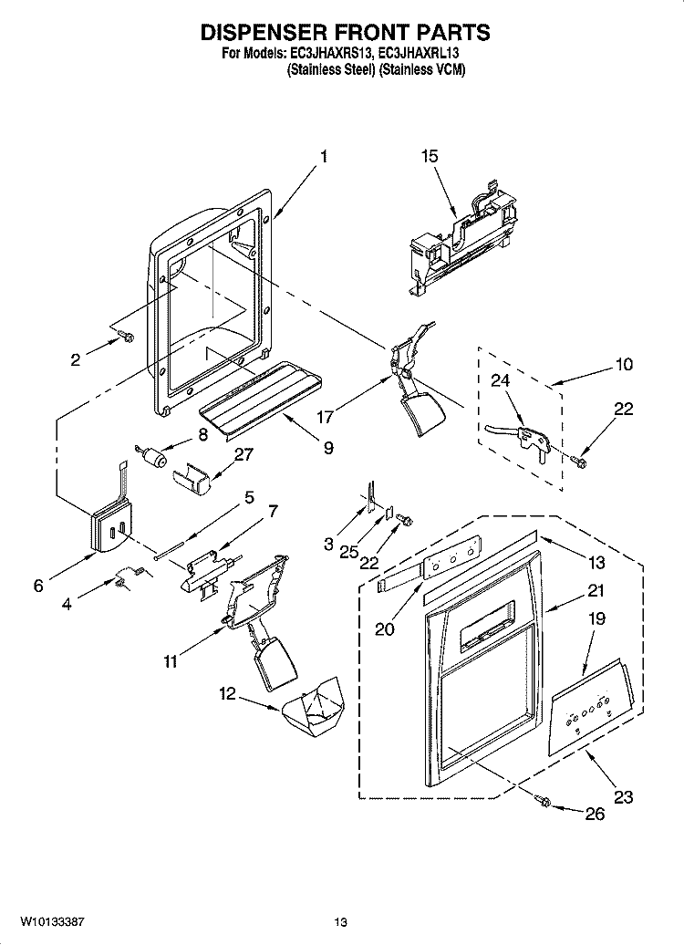 DISPENSER FRONT PARTS Diagram and Parts List for EC3JHAXRL13  Whirlpool Refrigerator