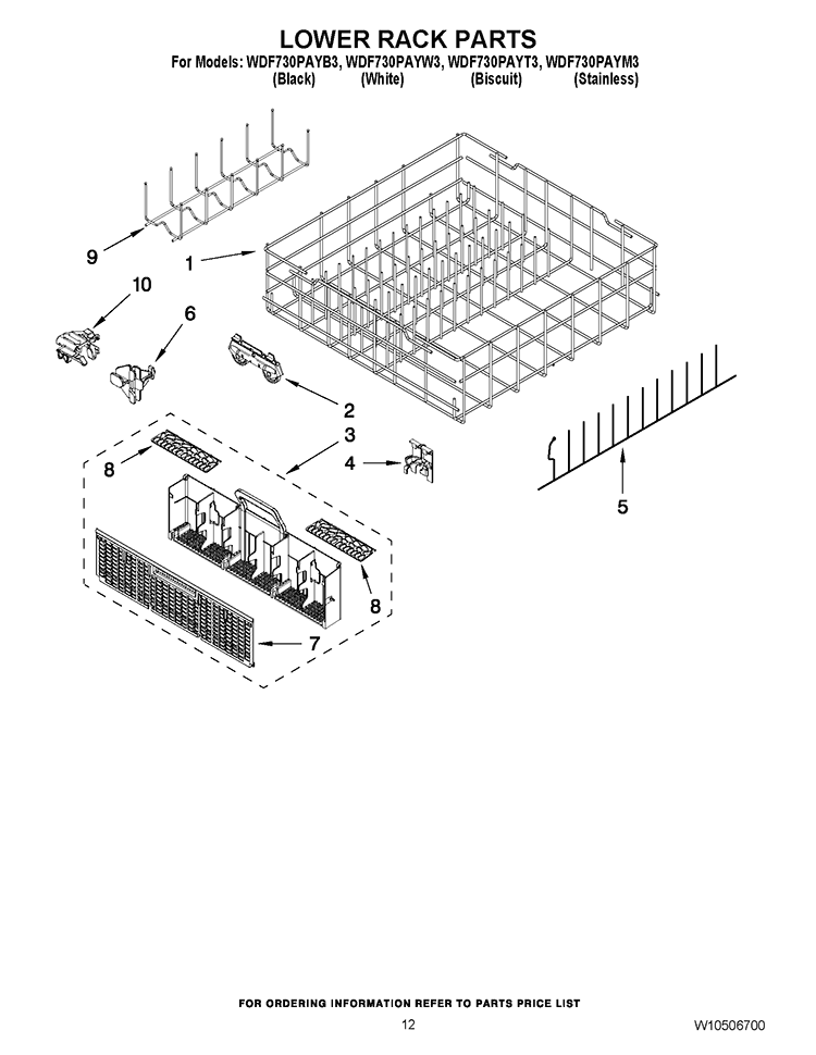 LOWER RACK PARTS Diagram and Parts List for WDF730PAYB3  Whirlpool Dishwasher