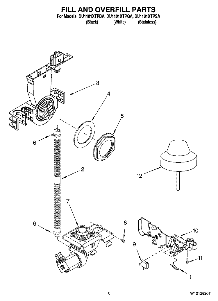 FILL AND OVERFILL PARTS Diagram and Parts List for DU1101XTPSA  Whirlpool Dishwasher