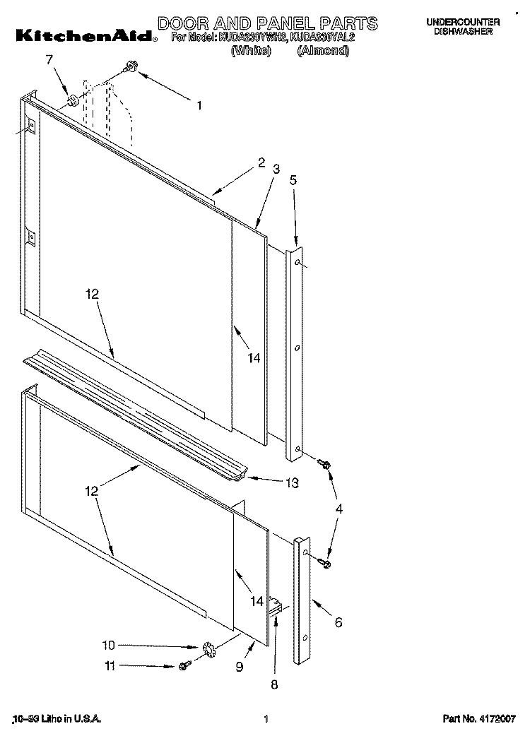 DOOR AND PANEL Diagram and Parts List for KUDA230YAL2  KitchenAid Dishwasher