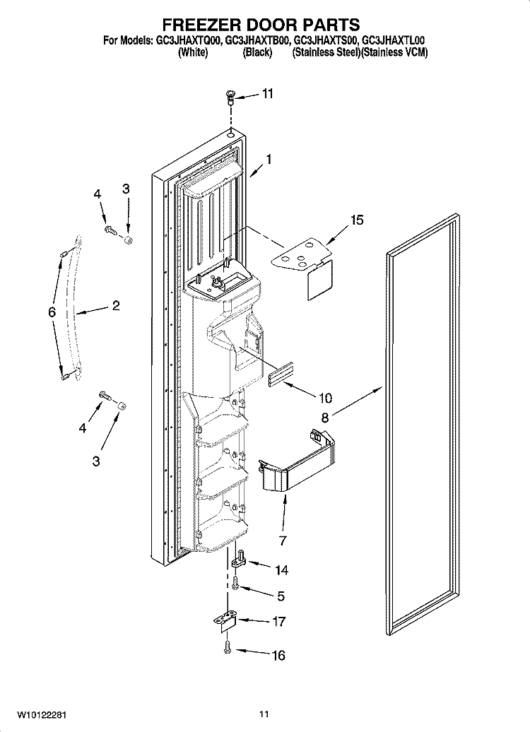 FREEZER DOOR PARTS Diagram and Parts List for GC3JHAXTL00  Whirlpool Refrigerator
