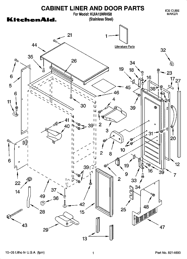 CABINET LINER AND DOOR PARTS Diagram and Parts List for KUIA15NRHS8  KitchenAid Ice Maker