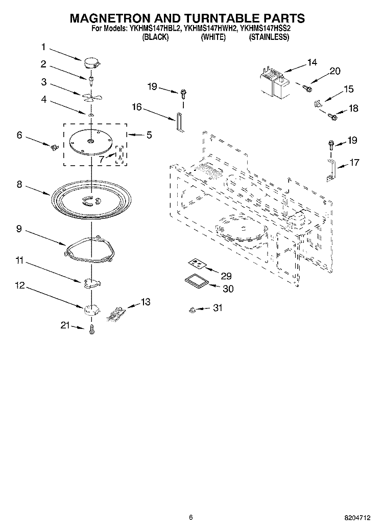 MAGNETRON AND TURNTABLE PARTS Diagram and Parts List for YKHMS147HWH2  KitchenAid Microwave