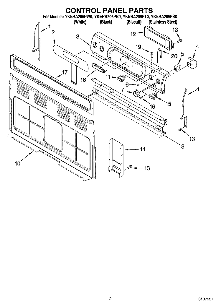 CONTROL PANEL PARTS Diagram and Parts List for YKERA205PB0  KitchenAid Range