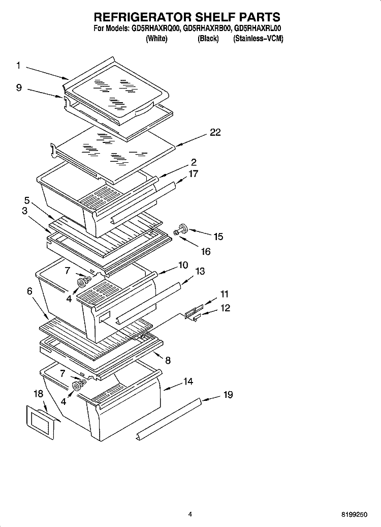 REFRIGERATOR SHELF PARTS Diagram and Parts List for GD5RHAXRB00  Whirlpool Refrigerator