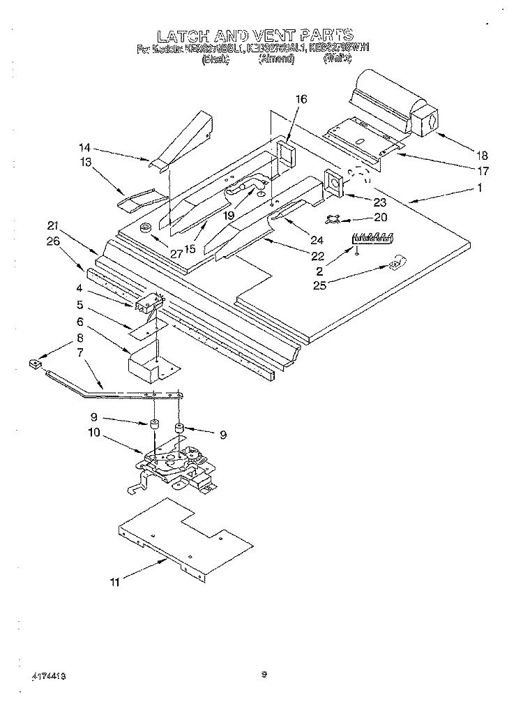 LATCH AND VENT Diagram and Parts List for KEBS278BWH1  KitchenAid Wall Oven
