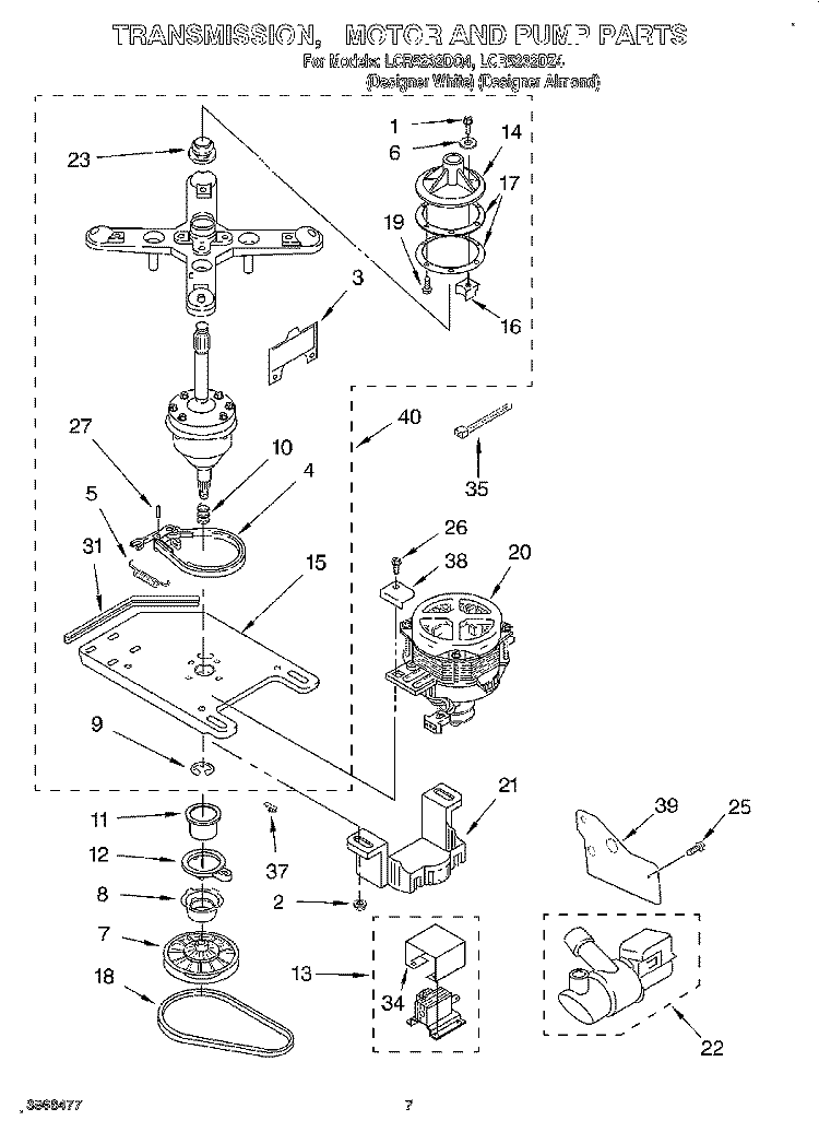 TRANSMISSION, MOTOR AND PUMP Diagram and Parts List for LCR5232DZ4  Whirlpool Washer