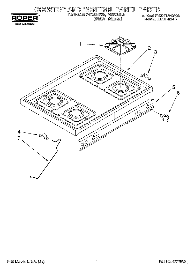 COOKTOP AND CONTROL PANEL Diagram and Parts List for FGS385BL5  Roper Range