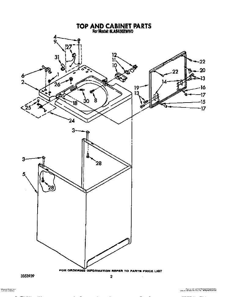 TOP AND CABINET, LIT/OPTIONAL Diagram and Parts List for 6LA5400XWN0  Whirlpool Washer