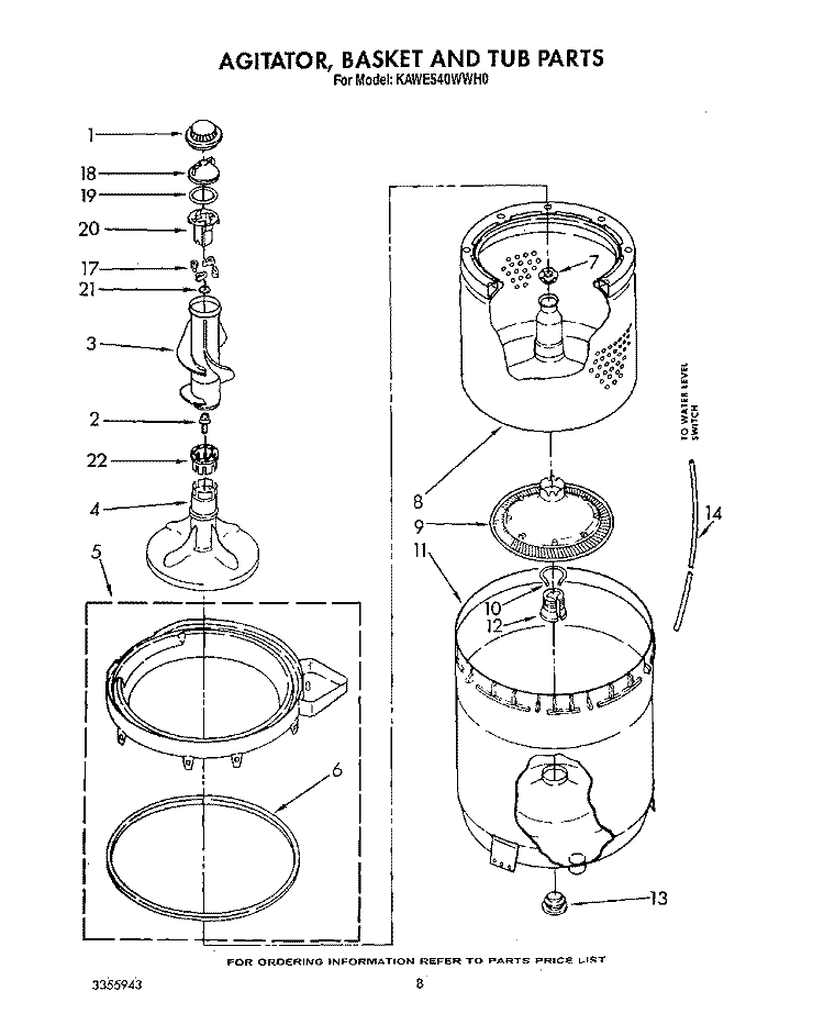 AGITATOR, BASKET AND TUB Diagram and Parts List for KAWE540WAL0  KitchenAid Washer