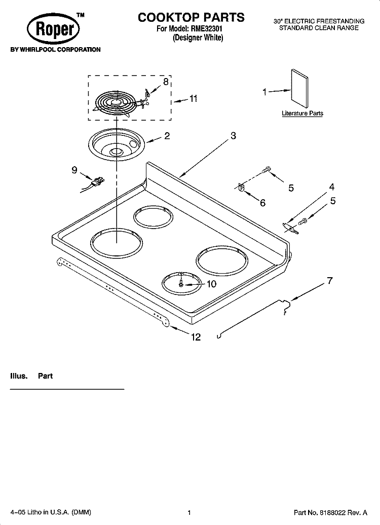 COOKTOP PARTS Diagram and Parts List for RME32301  Roper Range
