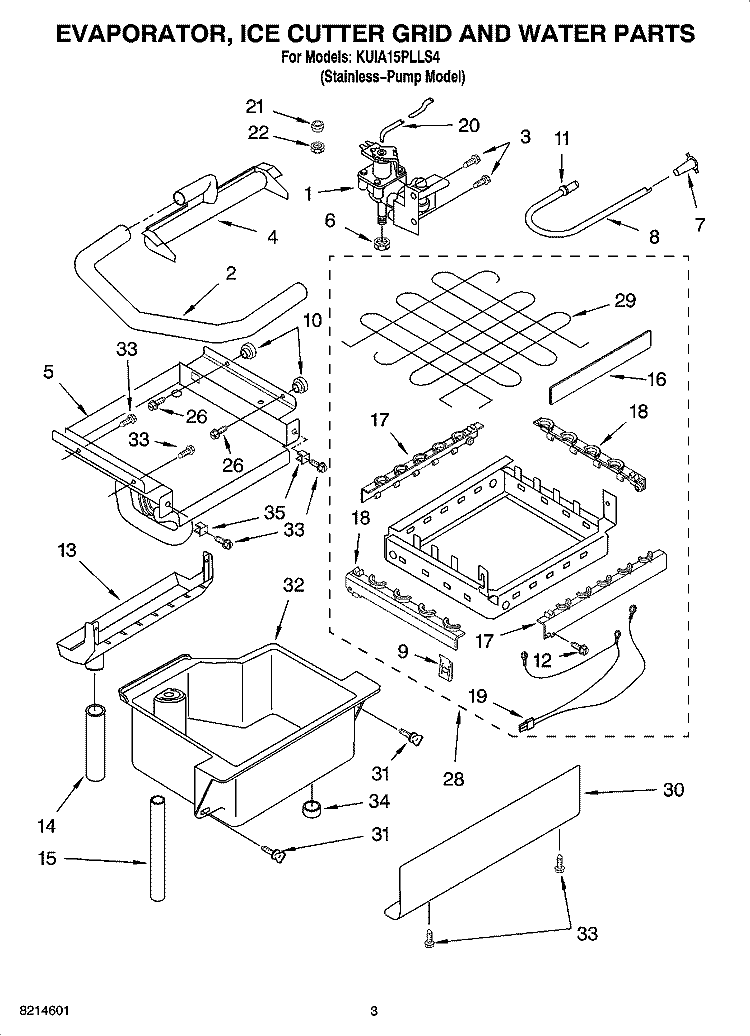 EVAPORATOR, ICE CUTTER GRID AND WATER PARTS Diagram and Parts List for KUIA15PLLS4  KitchenAid Ice Maker