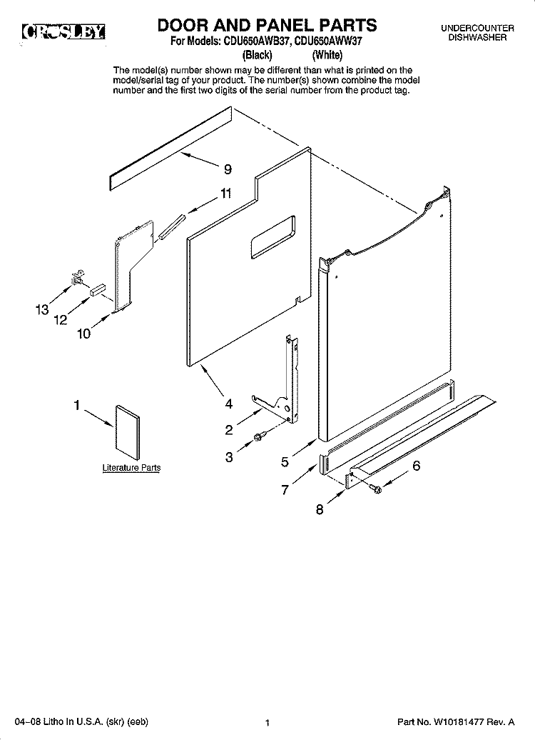 DOOR AND PANEL PARTS Diagram and Parts List for CDU650AWB37  Crosley Dishwasher