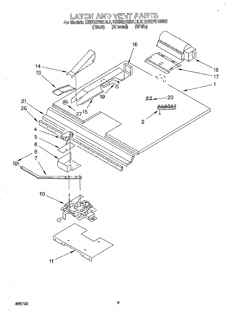 LATCH AND VENT Diagram and Parts List for KEBS278BBL3  KitchenAid Wall Oven