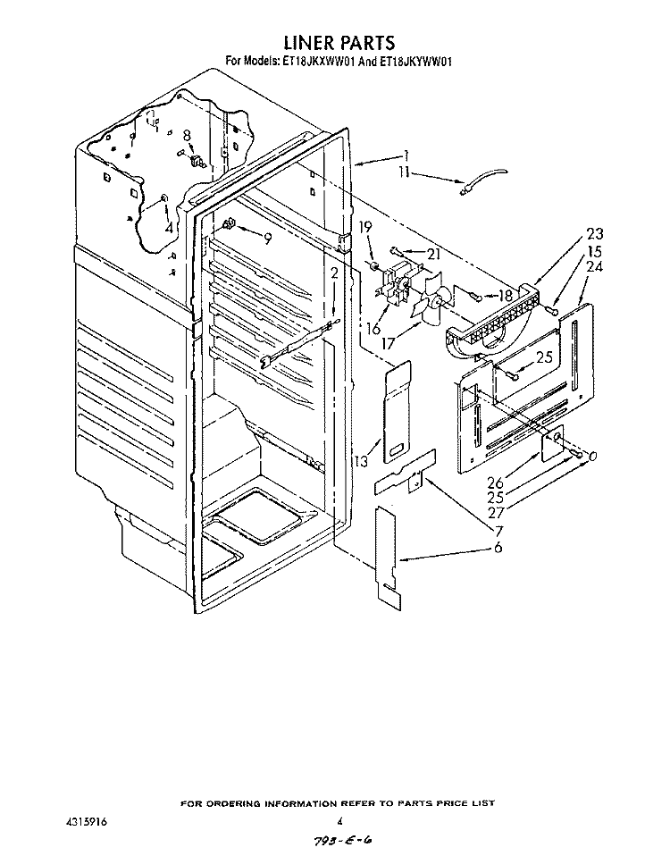 LINER Diagram and Parts List for ET18JKXWF01  Whirlpool Refrigerator