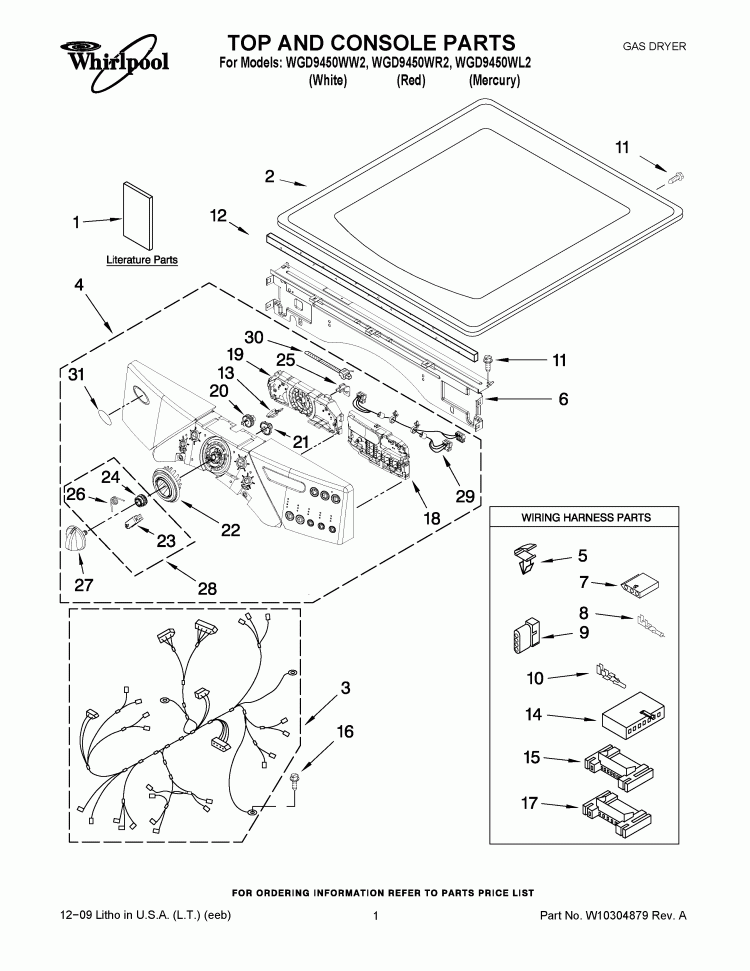 TOP AND CONSOLE PARTS Diagram and Parts List for WGD9450WL2  Whirlpool Dryer
