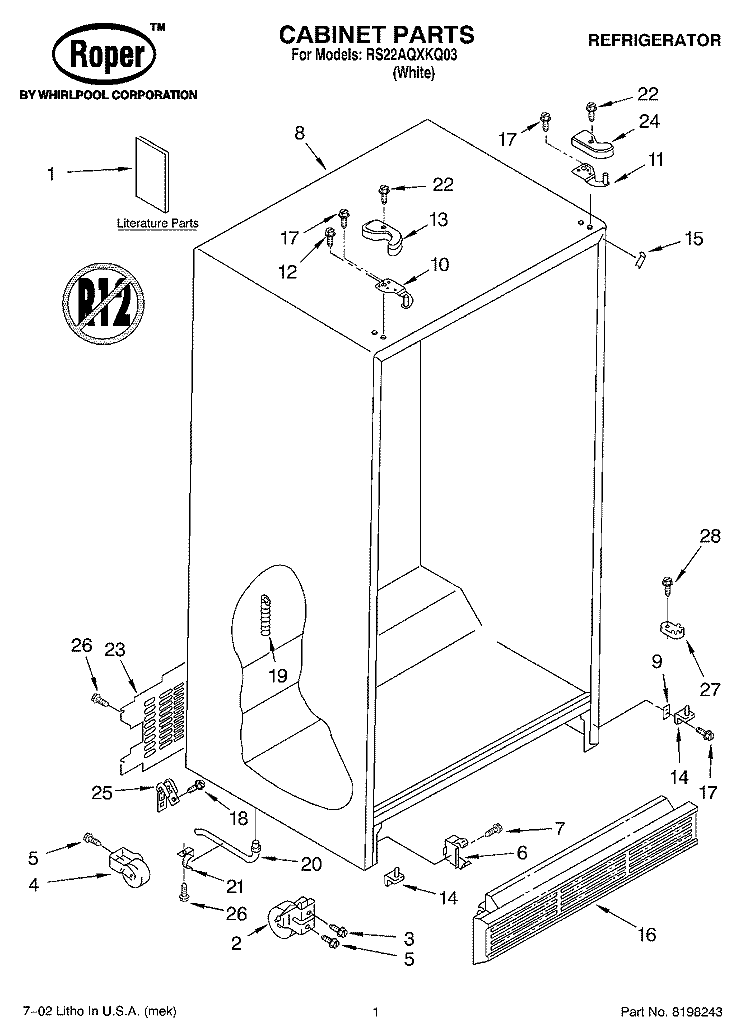 CABINET, LITERATURE Diagram and Parts List for RS22AQXKQ03  Roper Refrigerator