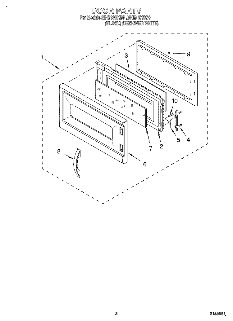 DOOR Diagram and Parts List for MHE13XKB0  Roper Microwave
