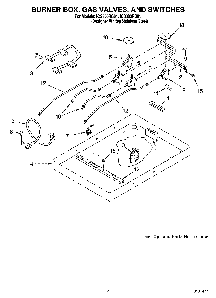 BURNER BOX, GAS VALVES, AND SWITCHES Diagram and Parts List for ICS300RS01  Whirlpool Cooktop