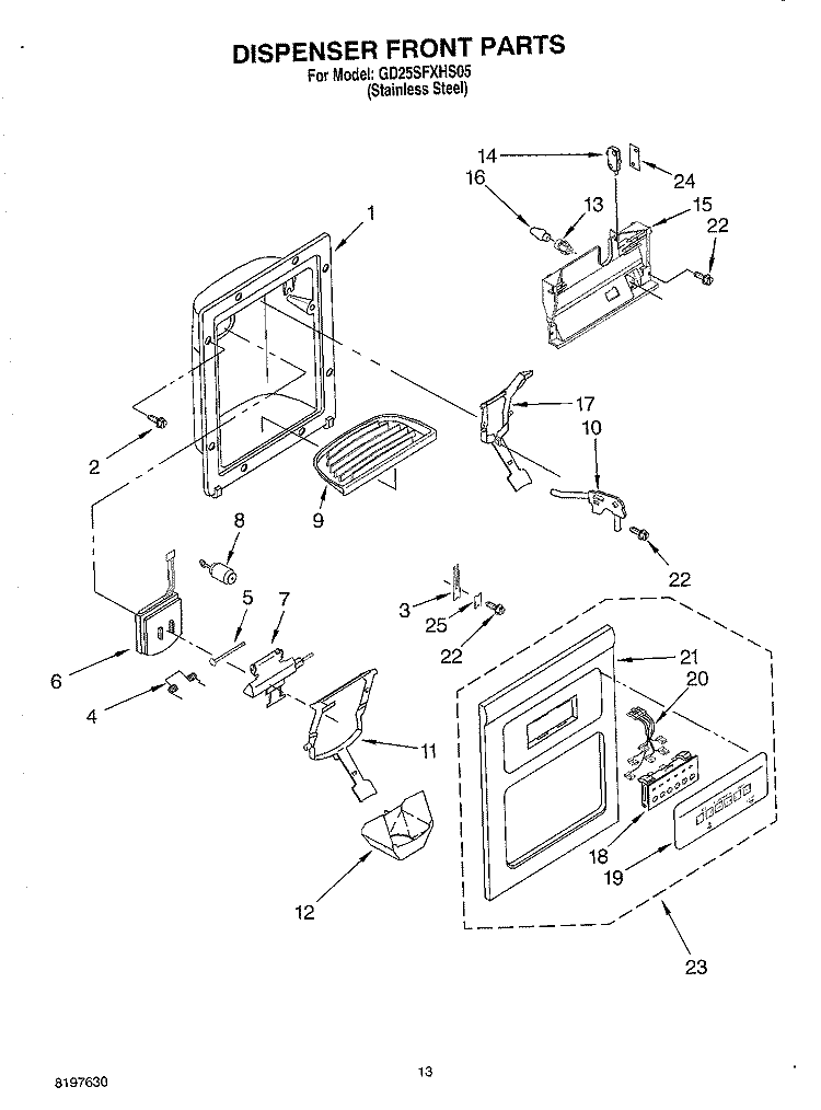 DISPENSER FRONT Diagram and Parts List for GD25SFXHS05  Whirlpool Refrigerator