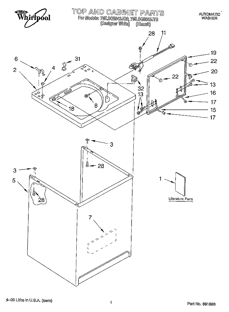 TOP AND CABINET, LITERATURE Diagram and Parts List for 7MLSQ8543JQ0  Whirlpool Washer