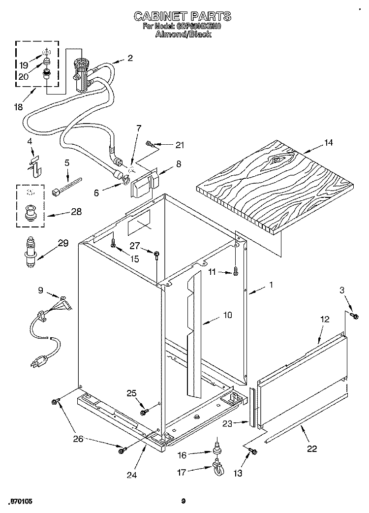 CABINET Diagram and Parts List for GDP8500XBN0  Whirlpool Dishwasher