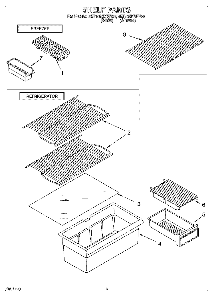 SHELF Diagram and Parts List for 4ET14GKXFN00  Whirlpool Refrigerator