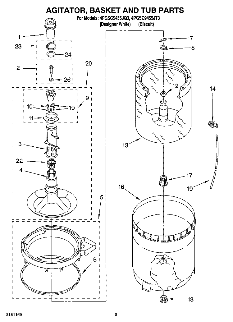AGITATOR, BASKET AND TUB PARTS Diagram and Parts List for 4PGSC9455JQ3  Whirlpool Washer