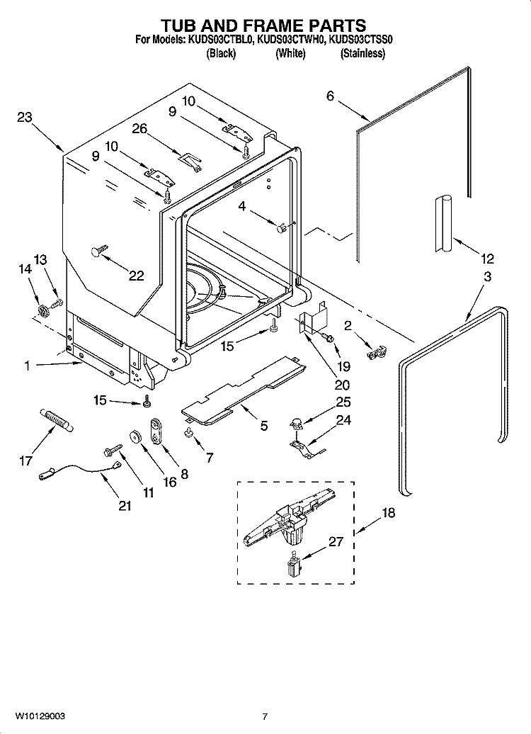 TUB AND FRAME PARTS Diagram and Parts List for KUDS03CTBL0  KitchenAid Dishwasher