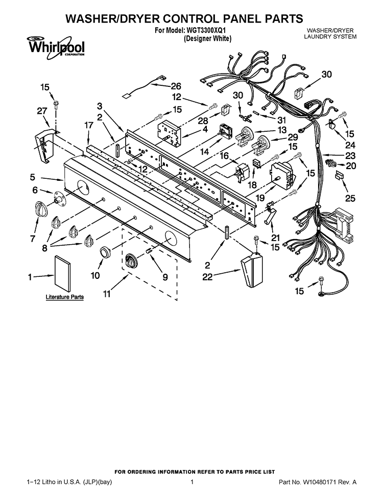 WASHER/DRYER CONTROL PANEL PARTS Diagram and Parts List for WGT3300XQ1  Whirlpool Washer Dryer Combo