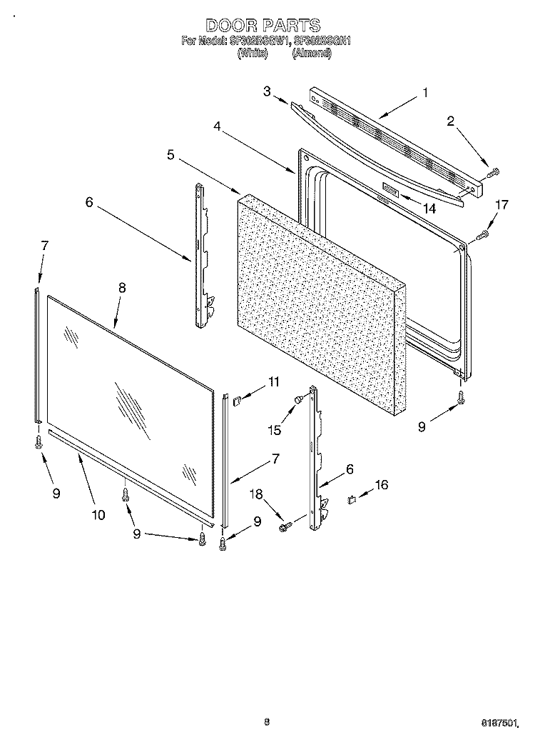 DOOR, OPTIONAL Diagram and Parts List for SF302BSGW1  Whirlpool Range