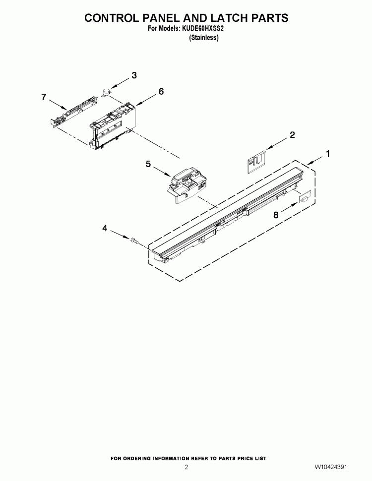 CONTROL PANEL AND LATCH PARTS Diagram and Parts List for KUDE60HXSS2  KitchenAid Dishwasher