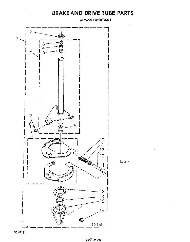 BRAKE AND DRIVE TUBE Diagram and Parts List for LA9800XSW1  Whirlpool Washer