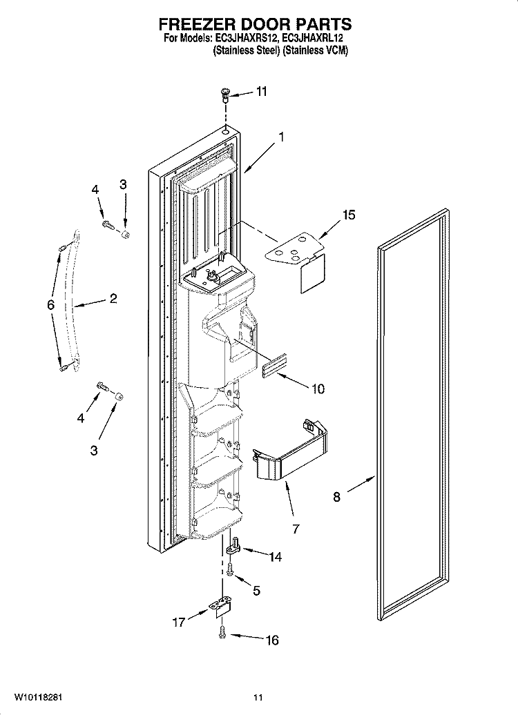 FREEZER DOOR PARTS Diagram and Parts List for EC3JHAXRL12  Whirlpool Refrigerator