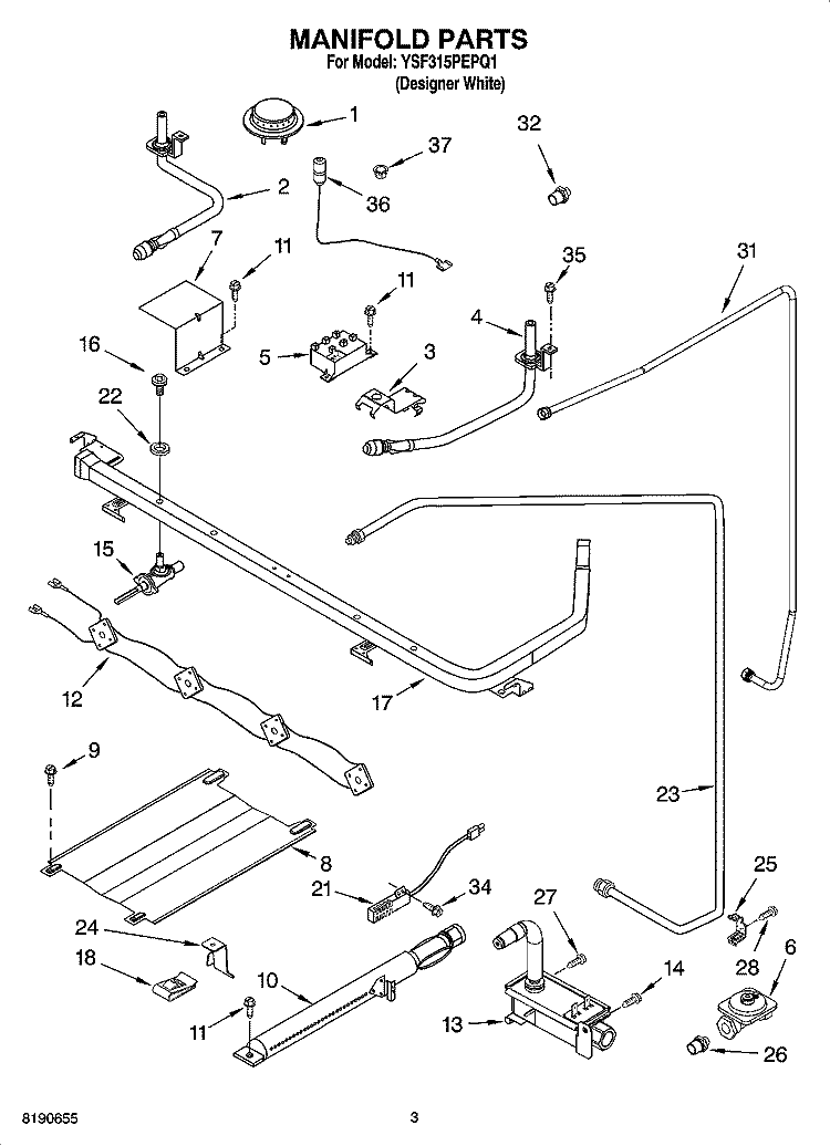 MANIFOLD PARTS Diagram and Parts List for YSF315PEPQ1  Whirlpool Range
