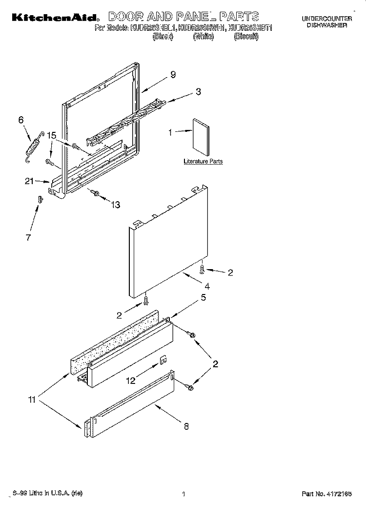 DOOR AND PANEL, LITERATURE Diagram and Parts List for KUDR25SHBT1  KitchenAid Dishwasher