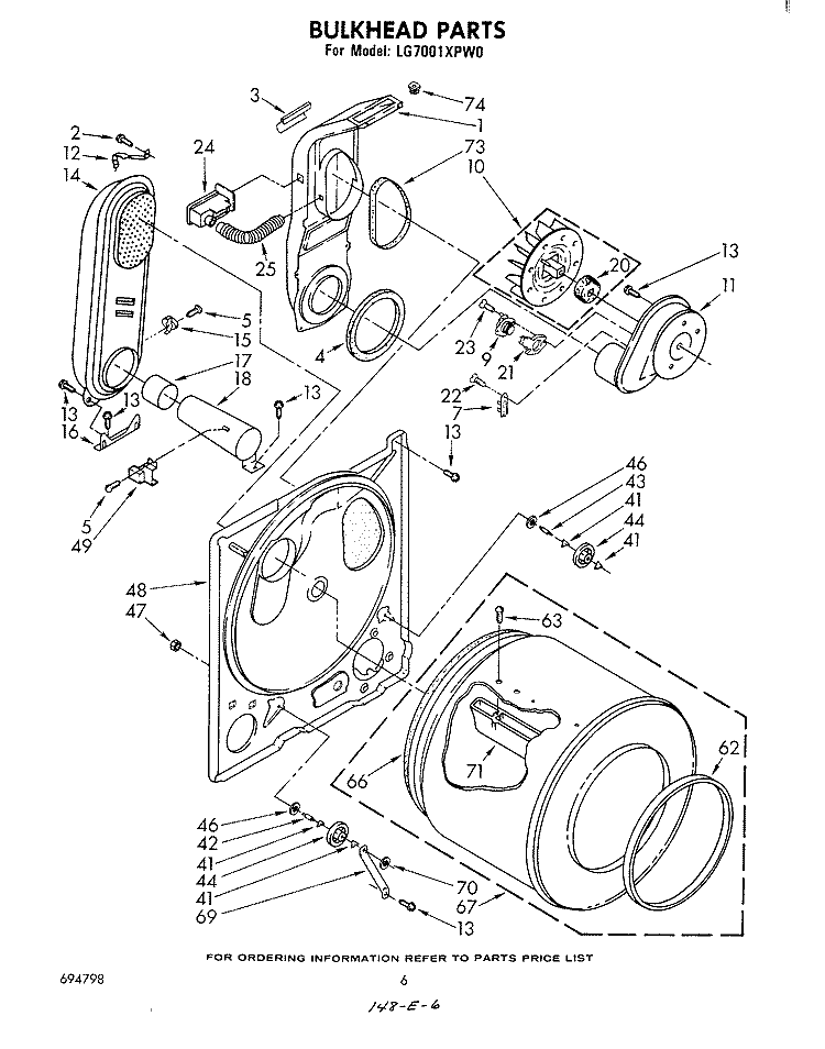 BULKHEAD Diagram and Parts List for LG7001XPW0  Whirlpool Dryer