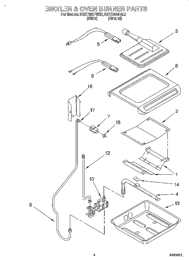 BROILER & OVEN BURNER Diagram and Parts List for KGST300FWH2  KitchenAid Range