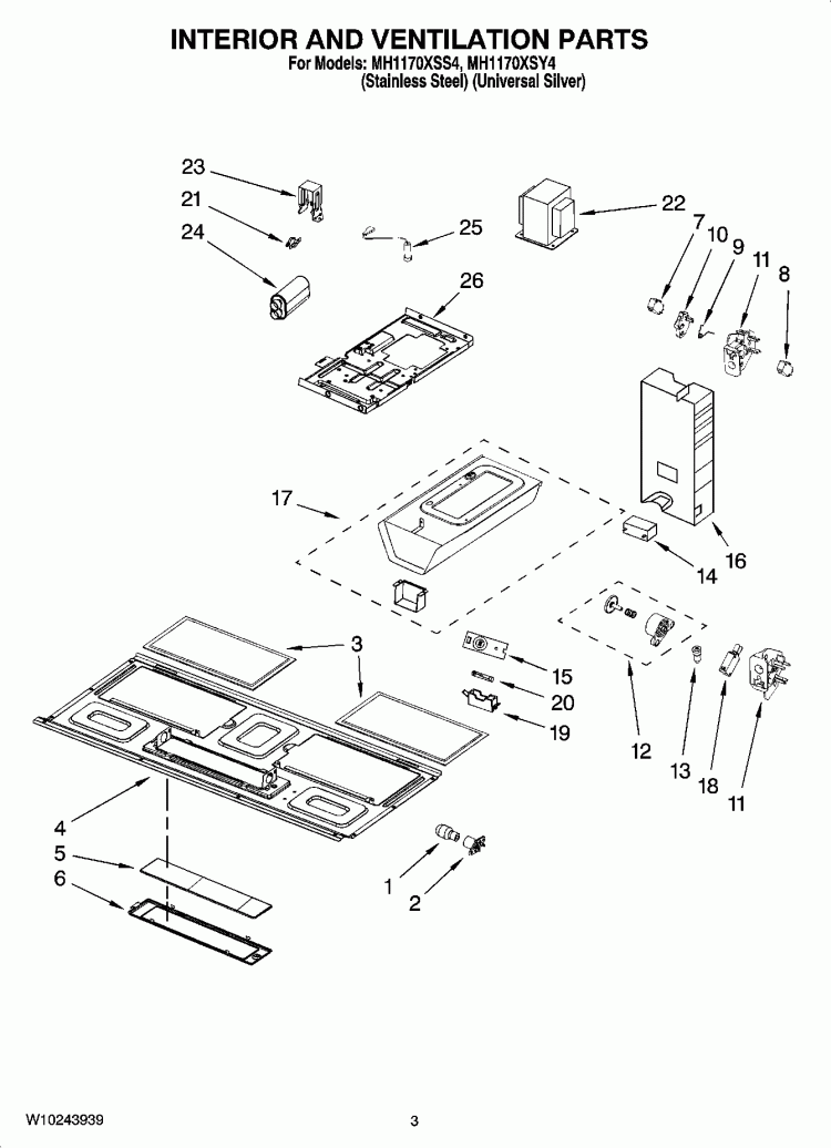 INTERIOR AND VENTILATION PARTS Diagram and Parts List for MH1170XSS4  Whirlpool Microwave