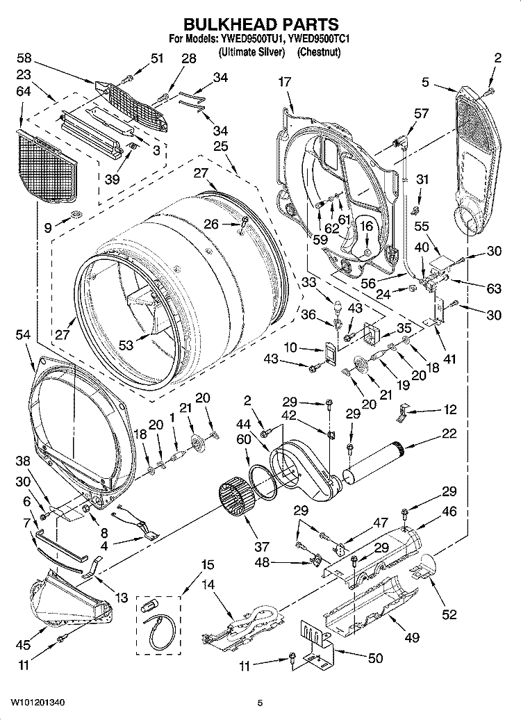BULKHEAD PARTS Diagram and Parts List for YWED9500TU1  Whirlpool Dryer