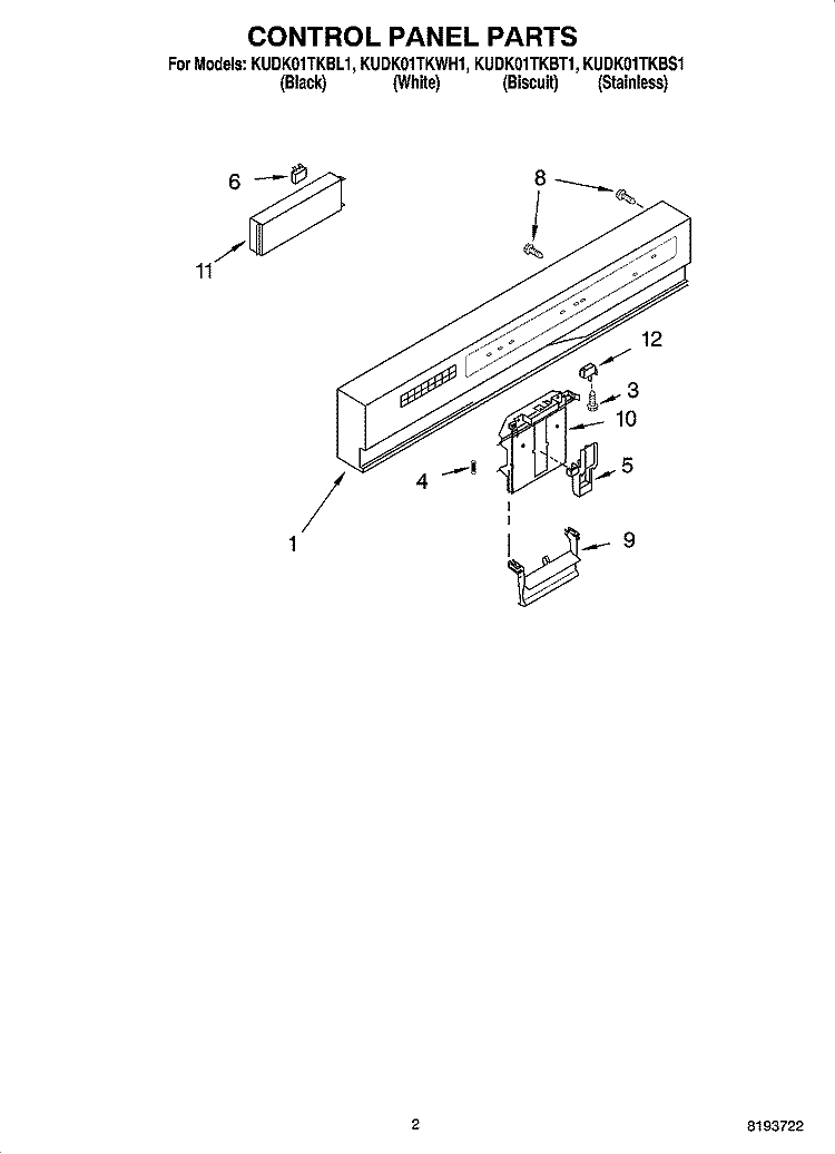 CONTROL PANEL PARTS Diagram and Parts List for KUDK01TKBT1  KitchenAid Dishwasher