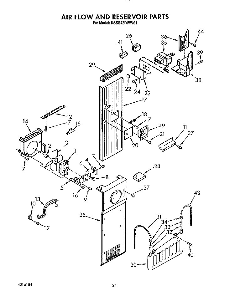 AIR FLOW AND RESERVOIR Diagram and Parts List for KSSS42DWW01  KitchenAid Refrigerator