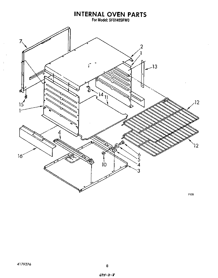 INTERNAL OVEN Diagram and Parts List for SF0140SRW0  Whirlpool Range