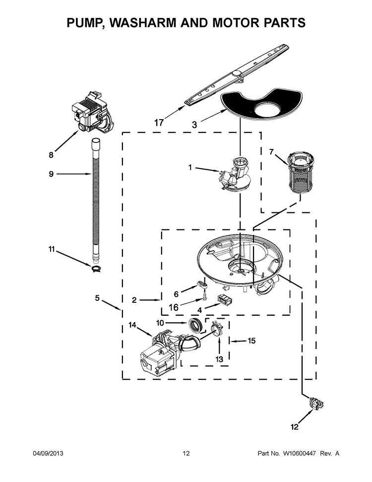 PUMP, WASHARM AND MOTOR PARTS Diagram and Parts List for WDF530PLYM5  Whirlpool Dishwasher