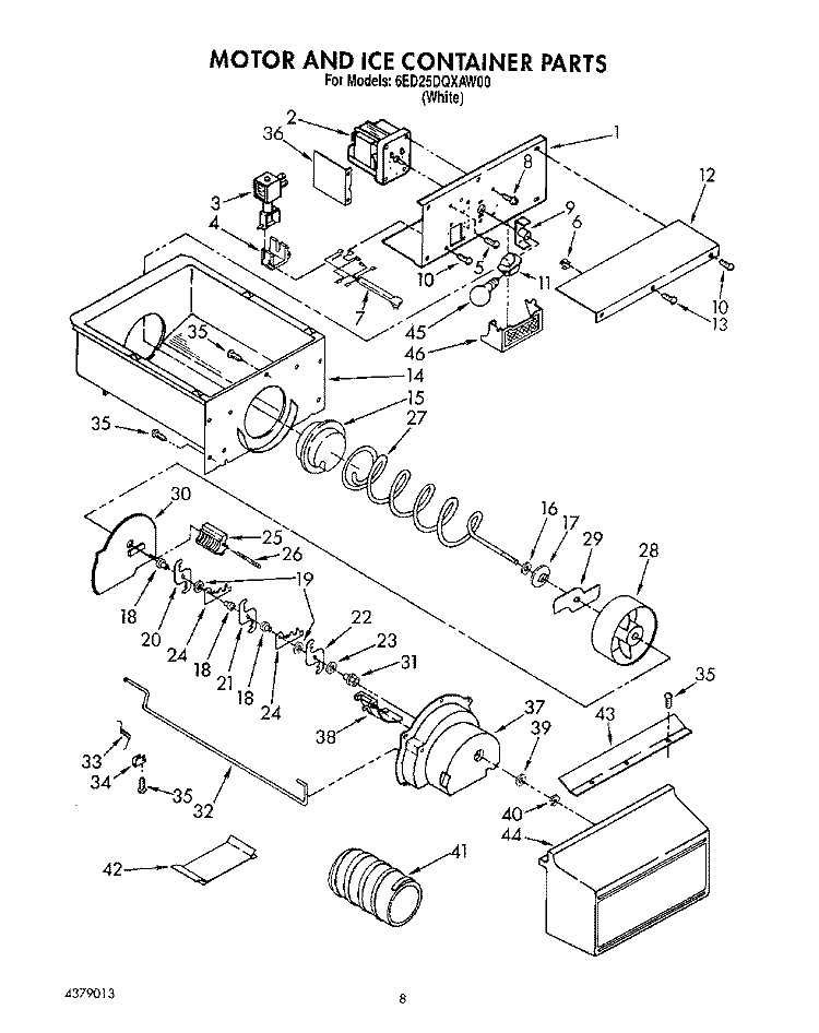 MOTOR AND ICE CONTAINER Diagram and Parts List for 6ED25DQXAW00  Whirlpool Refrigerator