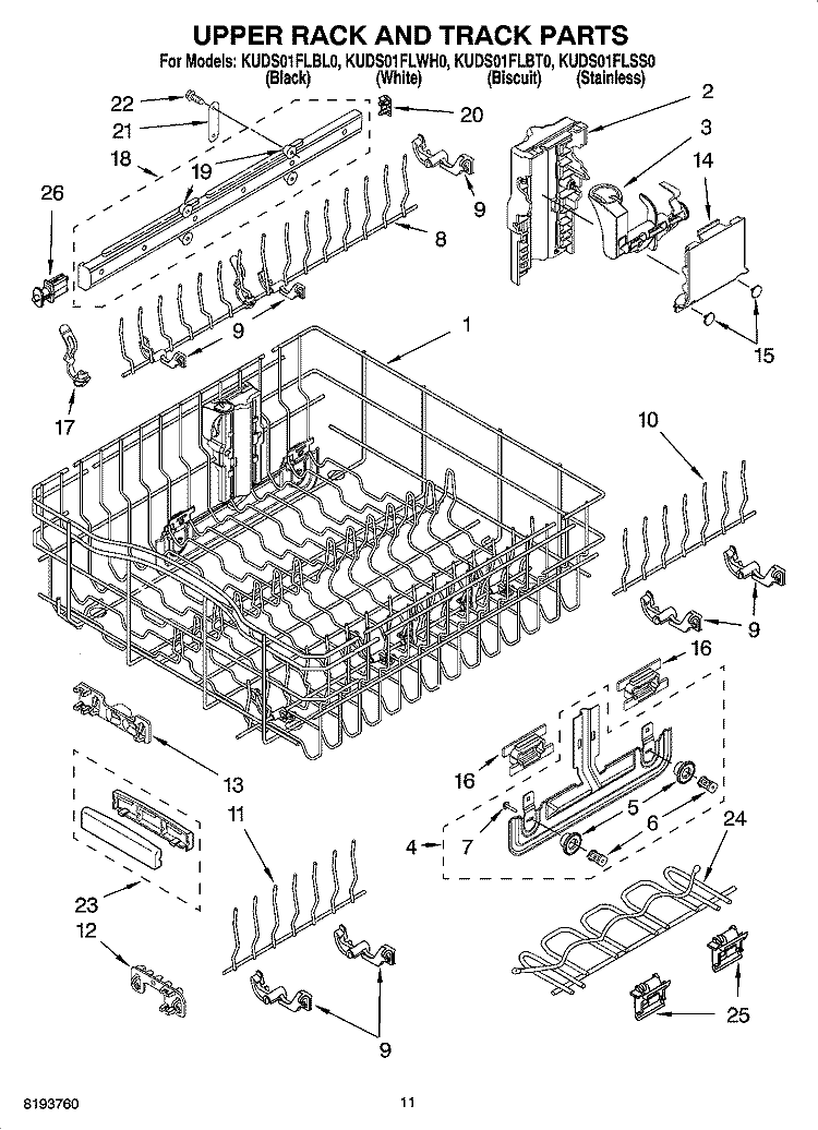 UPPER RACK AND TRACK PARTS Diagram and Parts List for KUDS01FLWH0  KitchenAid Dishwasher