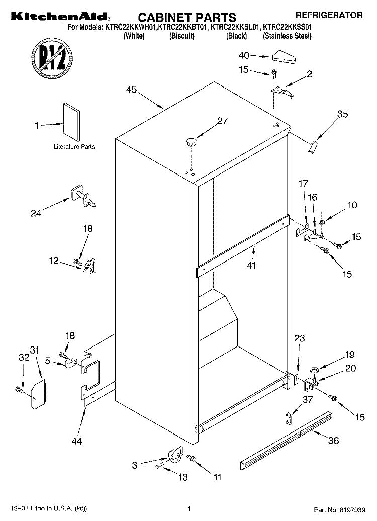 CABINET, LITERATURE Diagram and Parts List for KTRC22KKBT01  KitchenAid Refrigerator