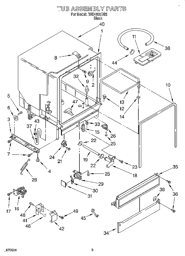 TUB ASSEMBLY Diagram and Parts List for RUD4500DB2  Roper Dishwasher