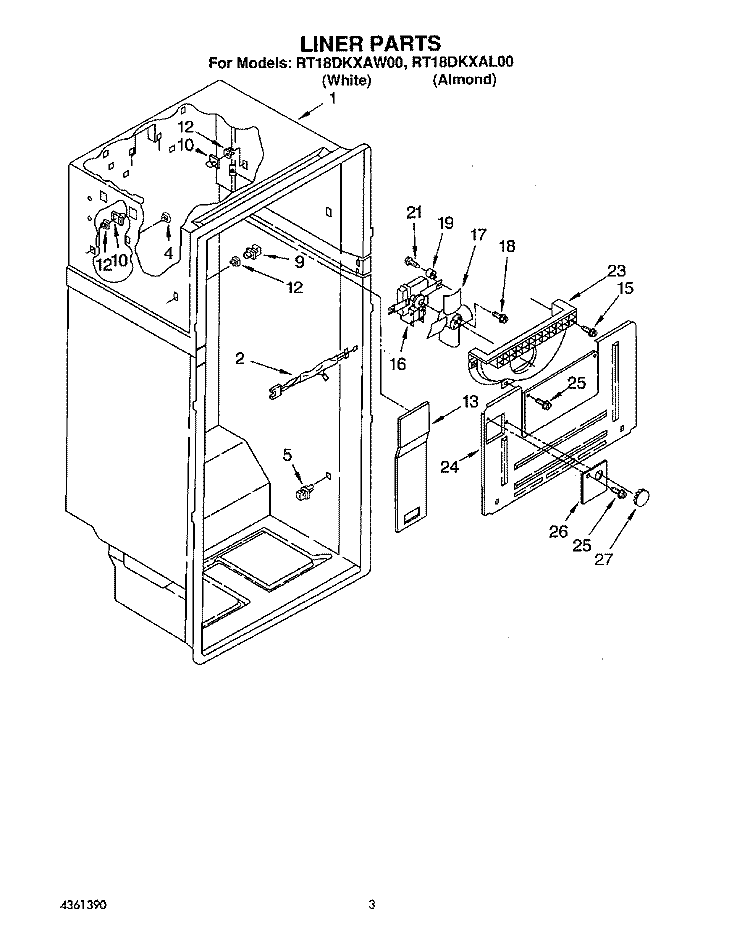 LINER Diagram and Parts List for RT18DKXAW00  Roper Refrigerator