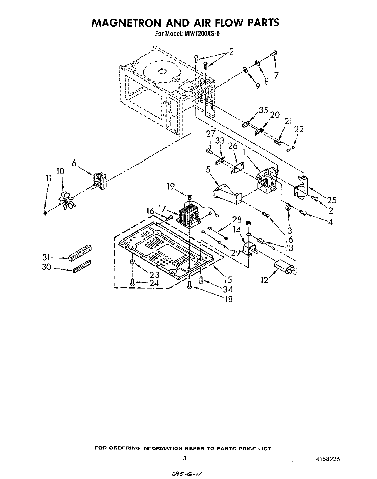 MAGNETRON AND AIRFLOW Diagram and Parts List for MW1200XS0  Whirlpool Microwave